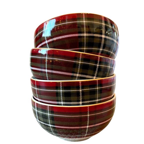 222 Fifth Wexford Porcelain Soup Cereal Bowls Red Tartan Plaid 5.5" Set of 4 New - Picture 4 of 13
